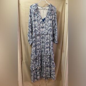 Belle & Bloom Blue & White Boho Tiered Maxi Dress L/XL